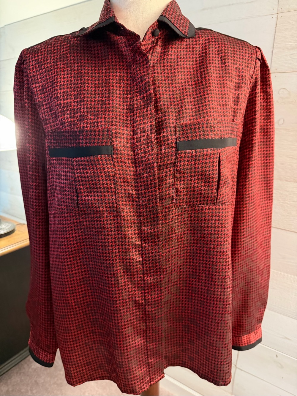 Vintage Yves St. Clair Red and Black Houndstooth Blouse